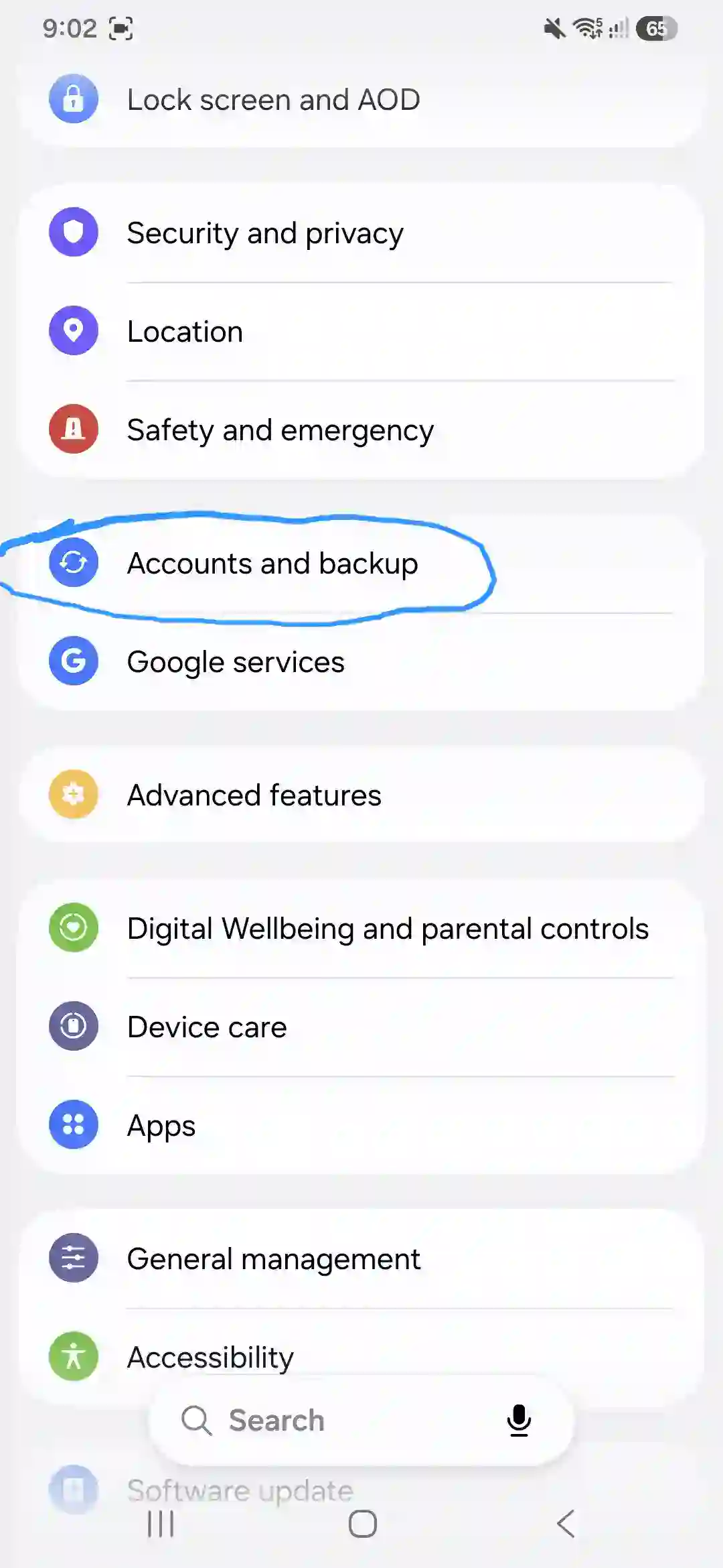 Galaxy A56 settings screen showing security, location, backup, and accessibility options.
