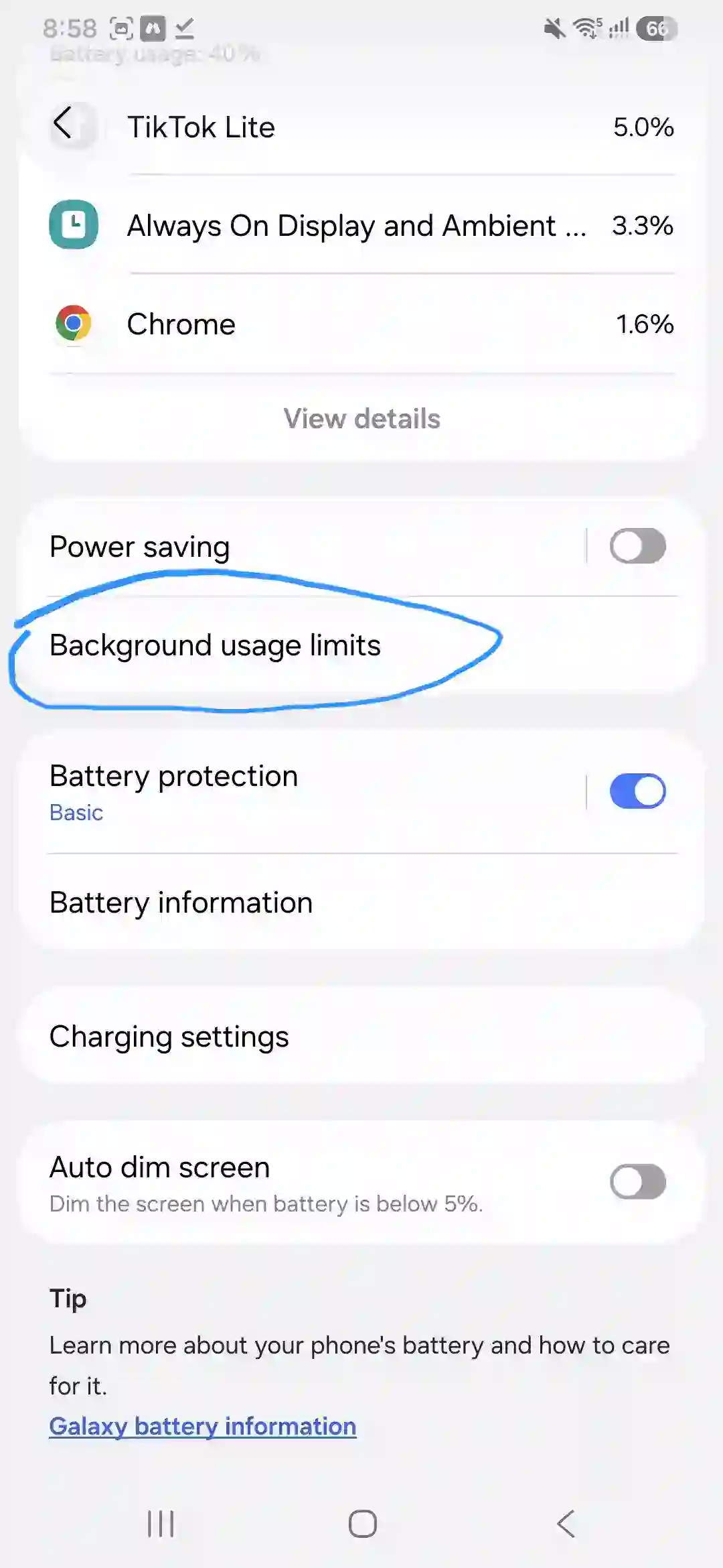 Galaxy A56 background usage limits settings screen with toggle switch.