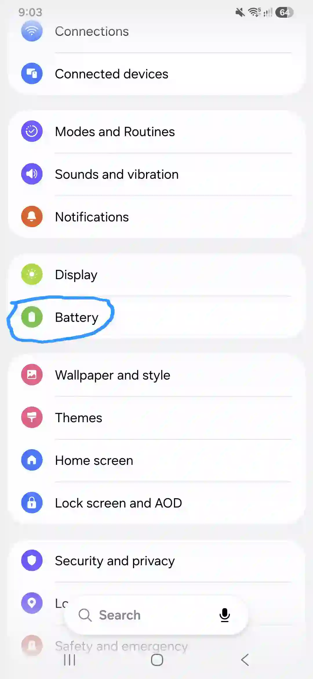 Galaxy A56 battery settings screen with highlighted Battery option.