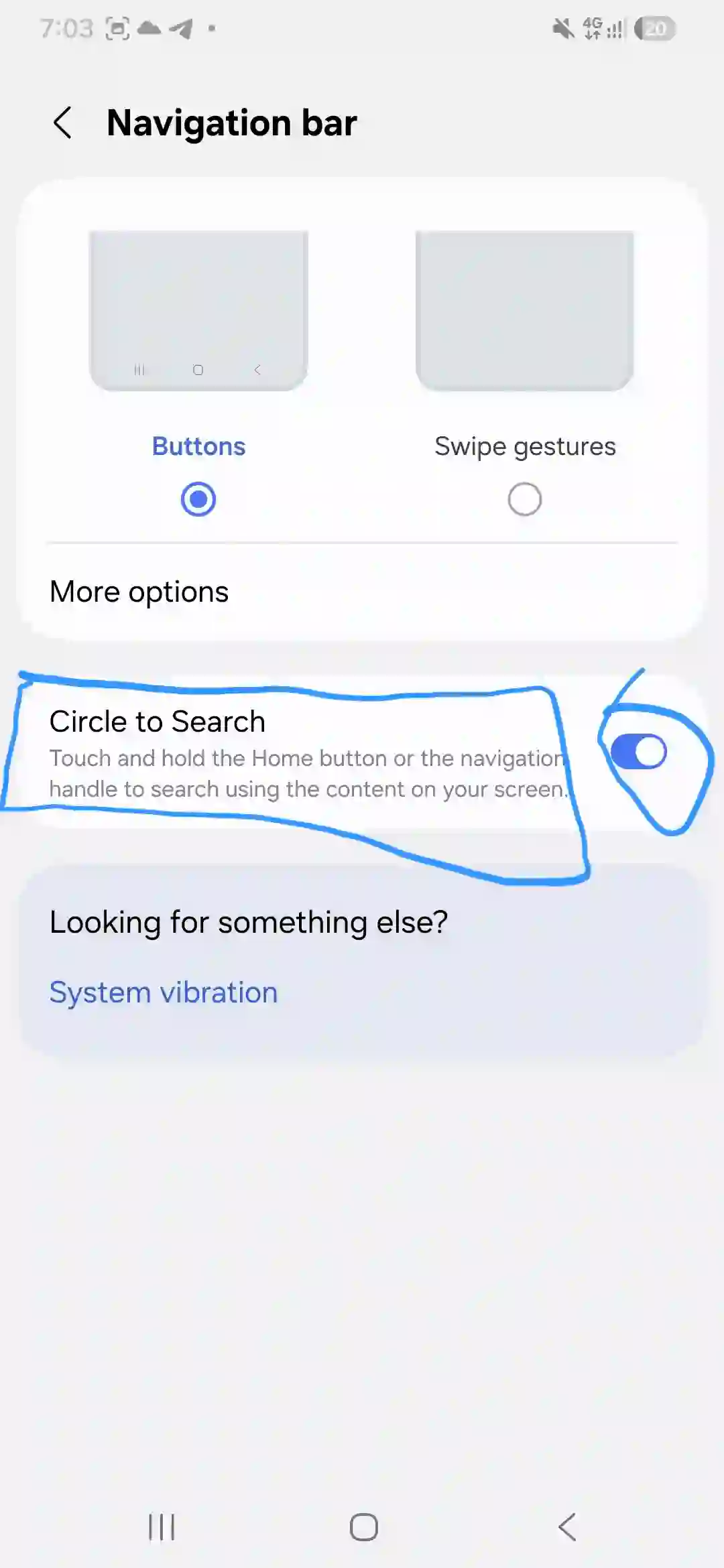 How to enable Circle to Search toggle on Galaxy A56 display settings.