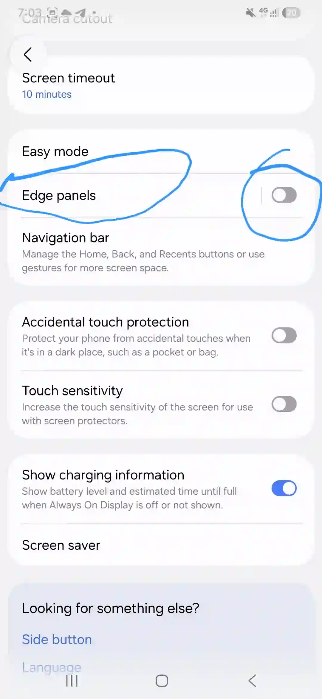 Turning on Edge Panels feature on Samsung Galaxy A56.