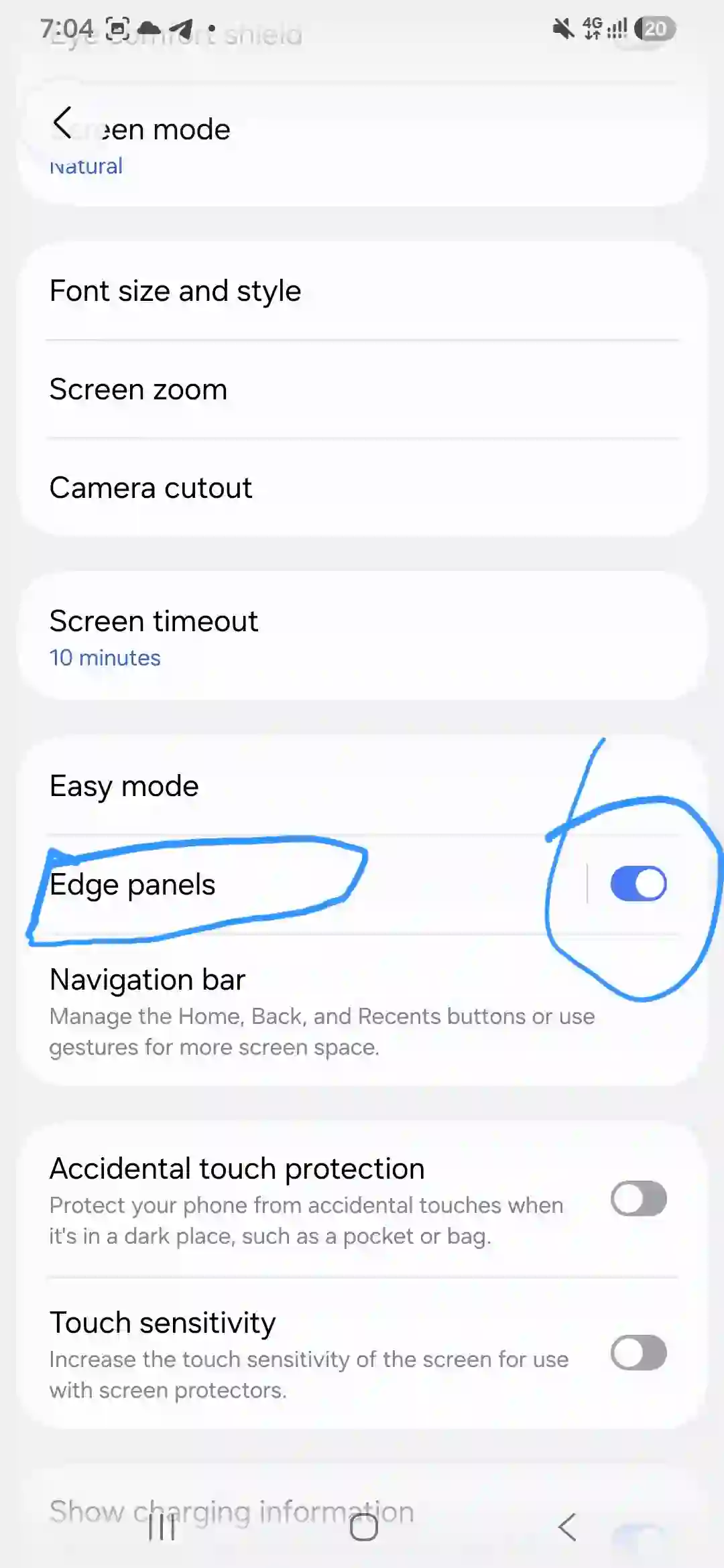 Turning on Edge Panels feature on Samsung Galaxy A56.