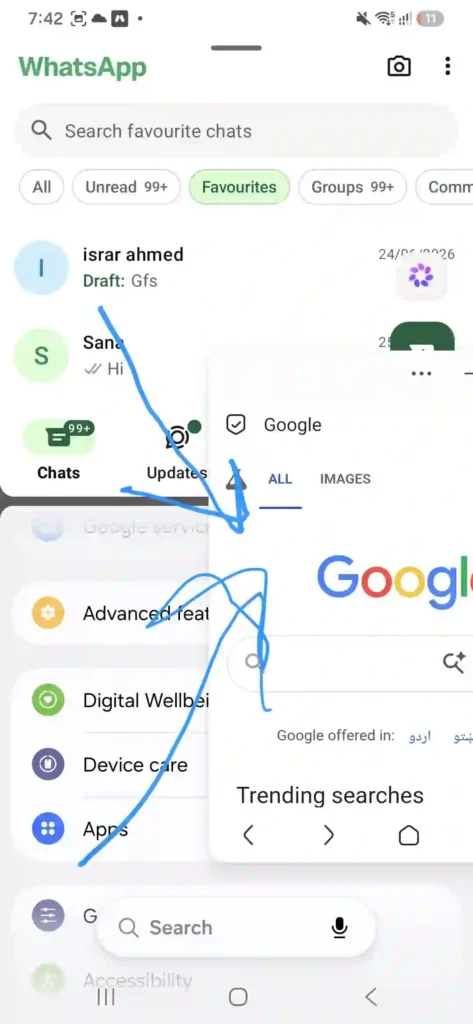 Opening apps in split screen view from recent apps menu on Galaxy A56.