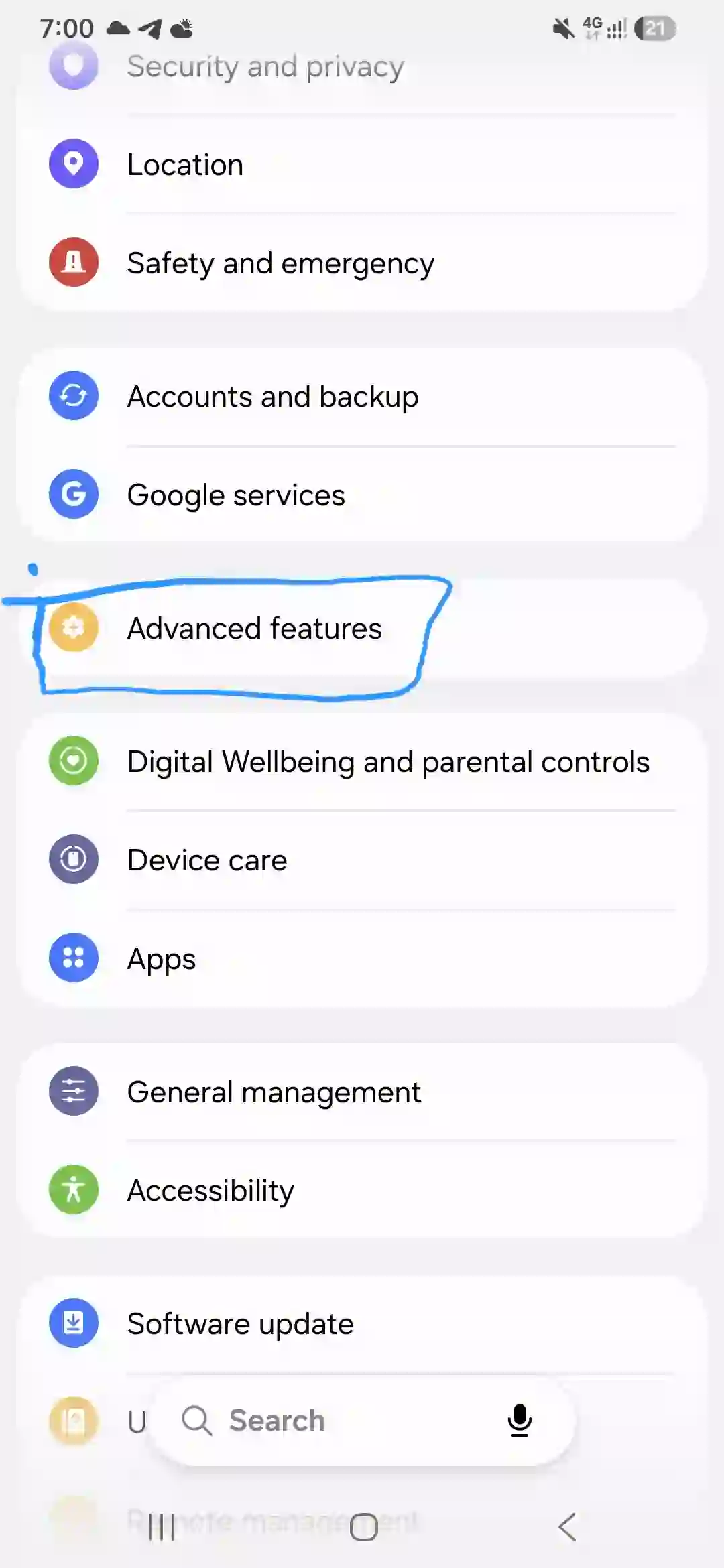 How to enable Circle to Search toggle on Galaxy A56 display settings.