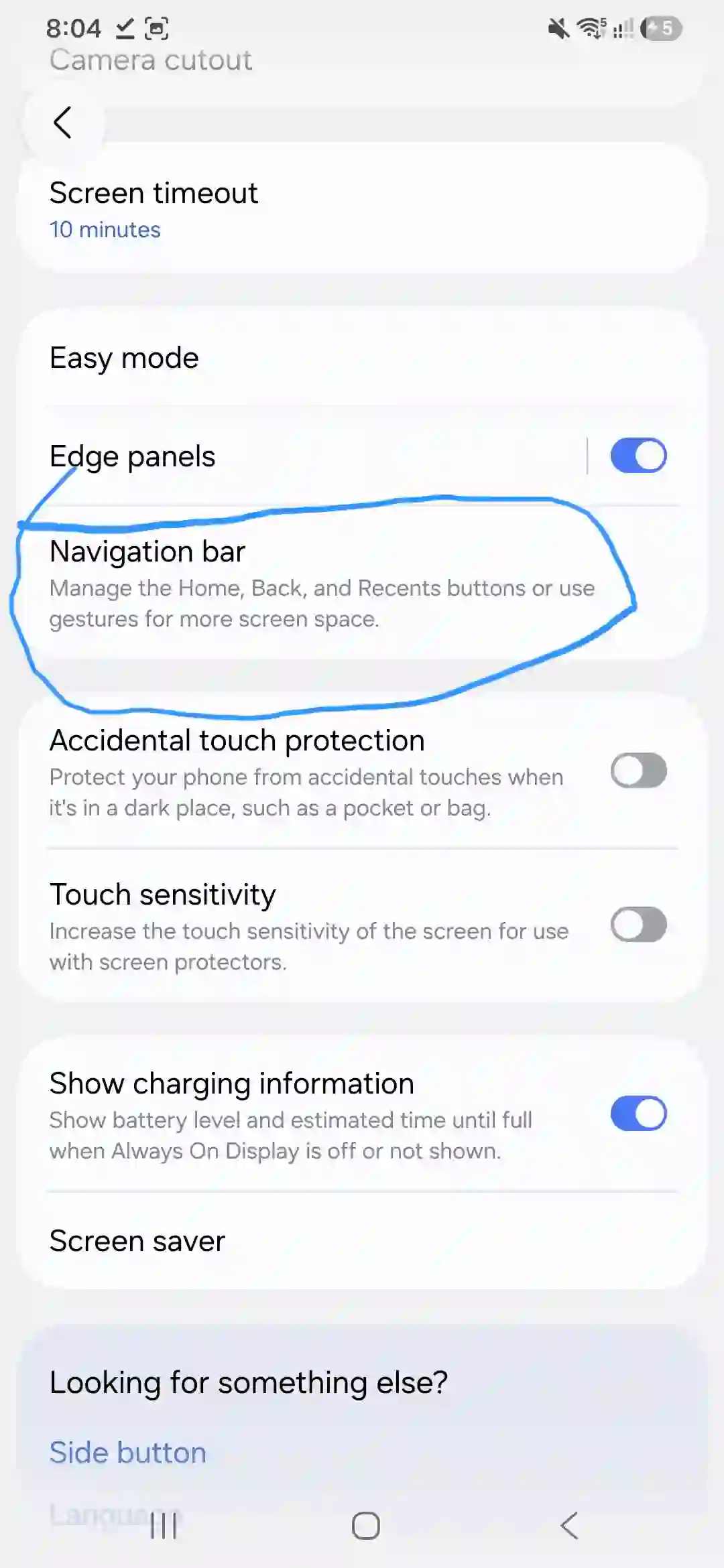 How to enable Circle to Search toggle on Galaxy A56 display settings.