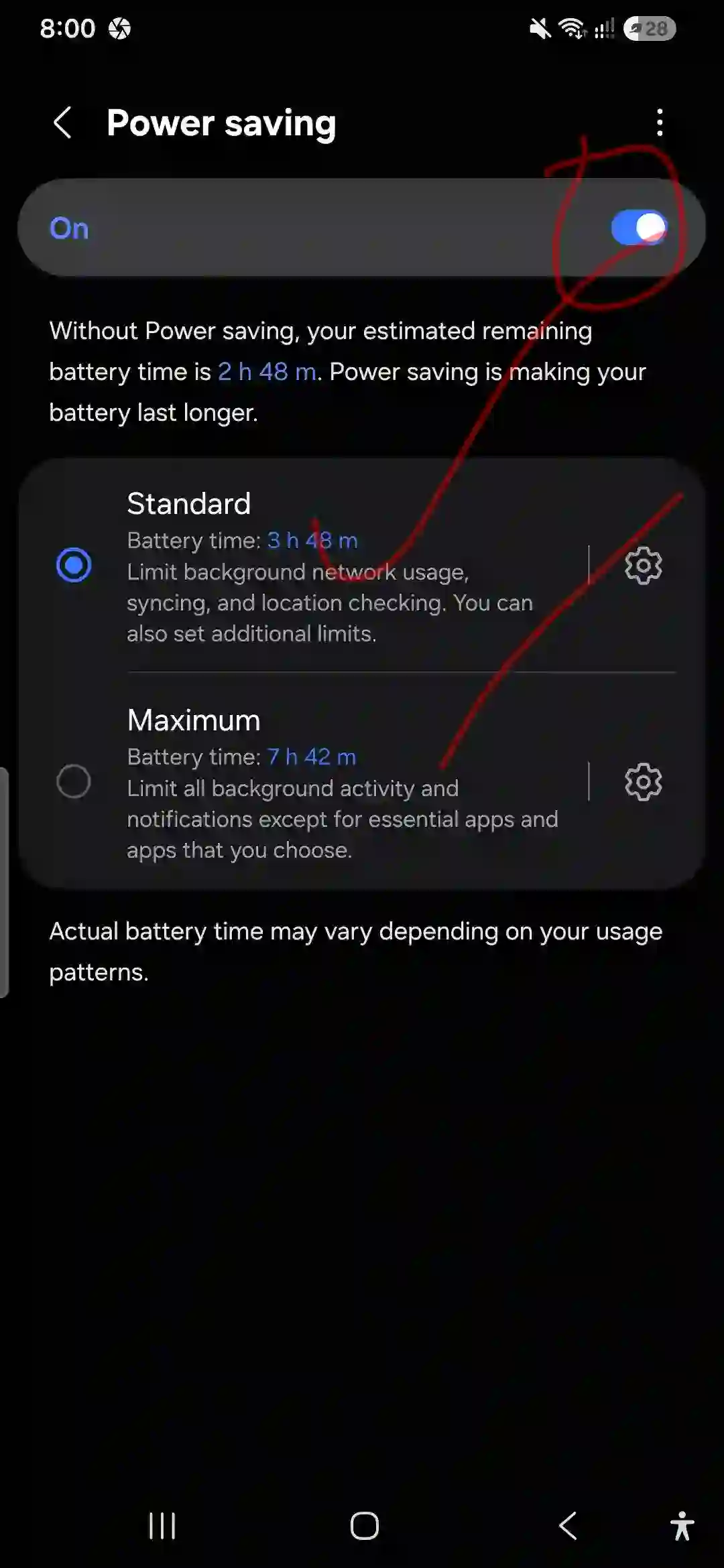 Toggling Power saving "On" and selecting