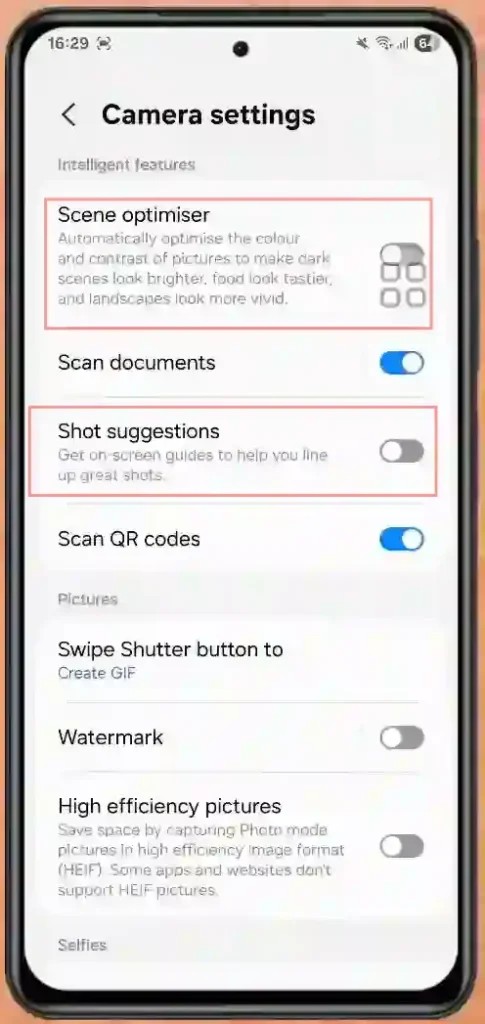 Samsung Galaxy A56 camera settings menu scene optimizer.