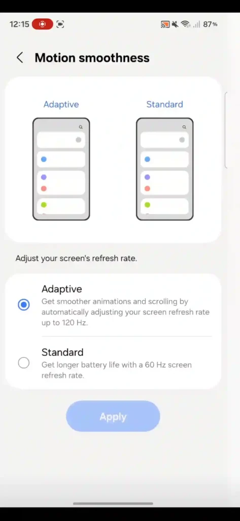Samsung Galaxy A56 Motion Smoothness settings showing Adaptive refresh rate mode enabled