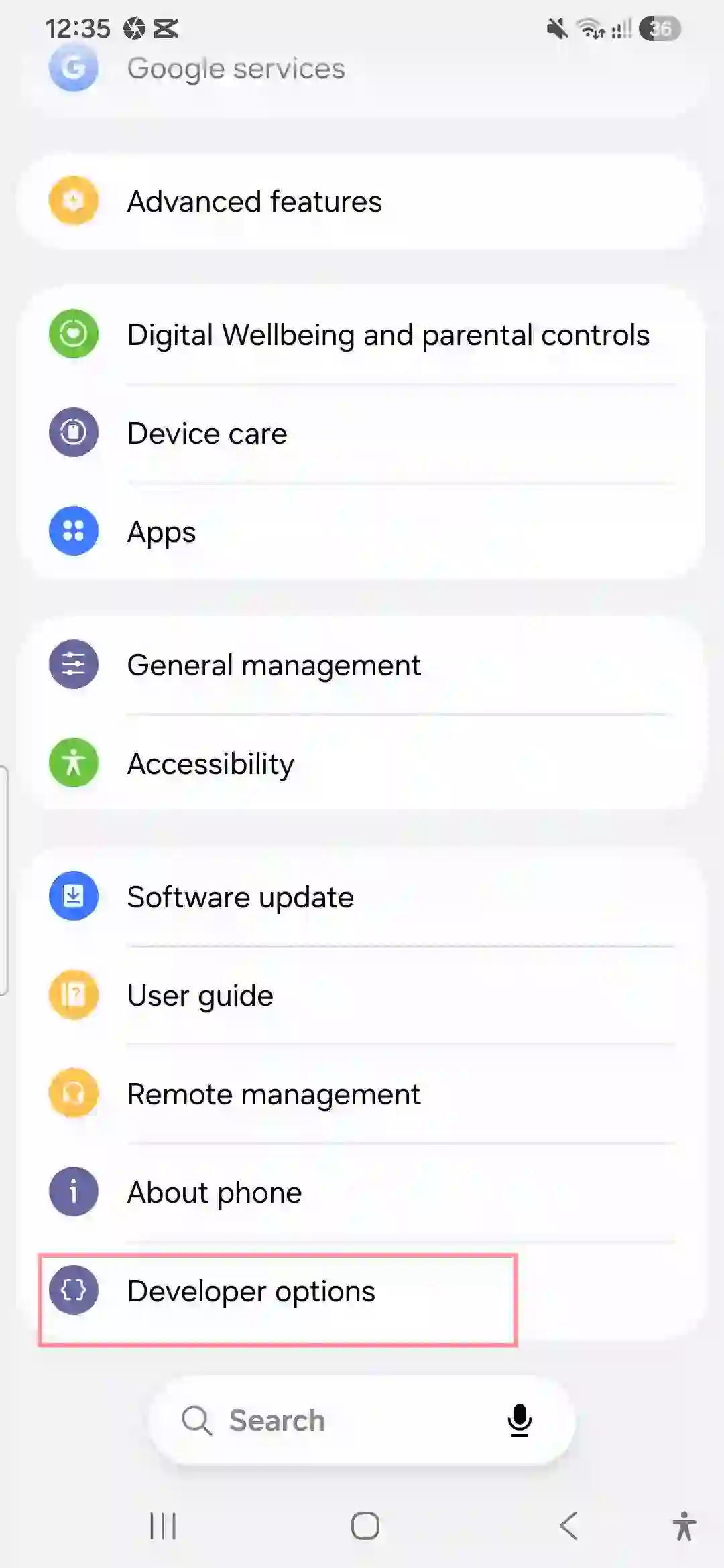 Accessing the newly unlocked Developer options men