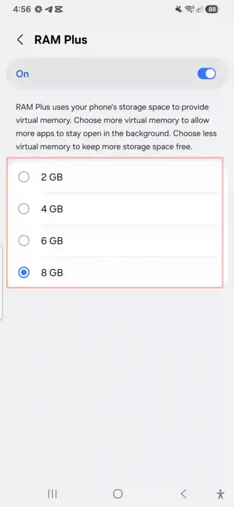 Choosing virtual memory options under RAM Plus settings on Samsung Galaxy A56