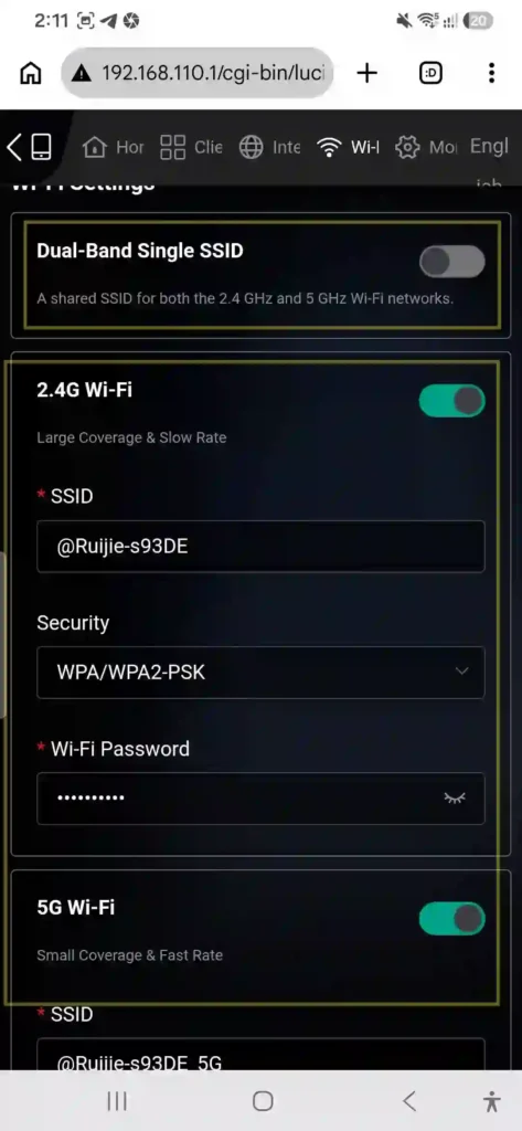 Disabling Dual-Band Single SSID on Ruijie router
