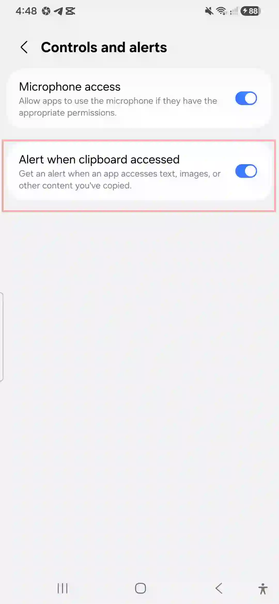 Enabling Alert when clipboard accessed toggle