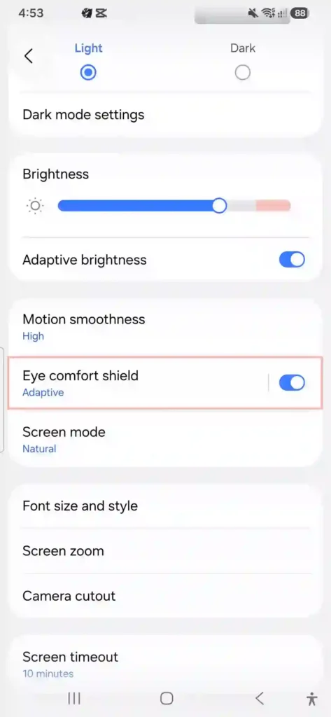 Enabling Eye comfort shield toggle under Display