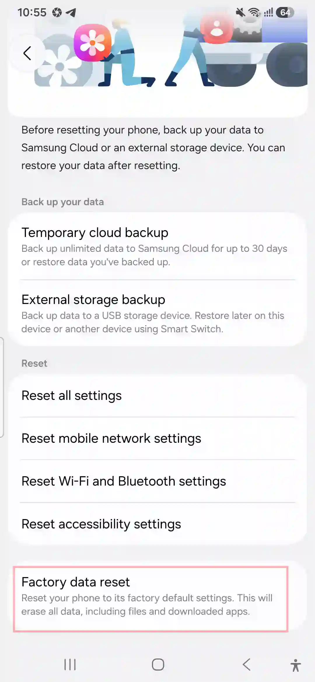 Factory data reset option highlighted on Samsung Galaxy A56 One UI menu