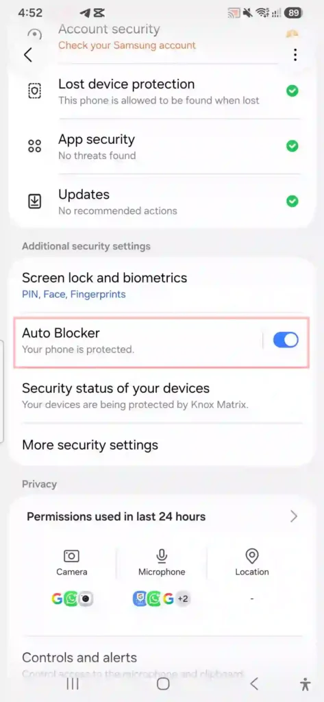 How to enable Auto Blocker on Samsung Galaxy A56 One UI