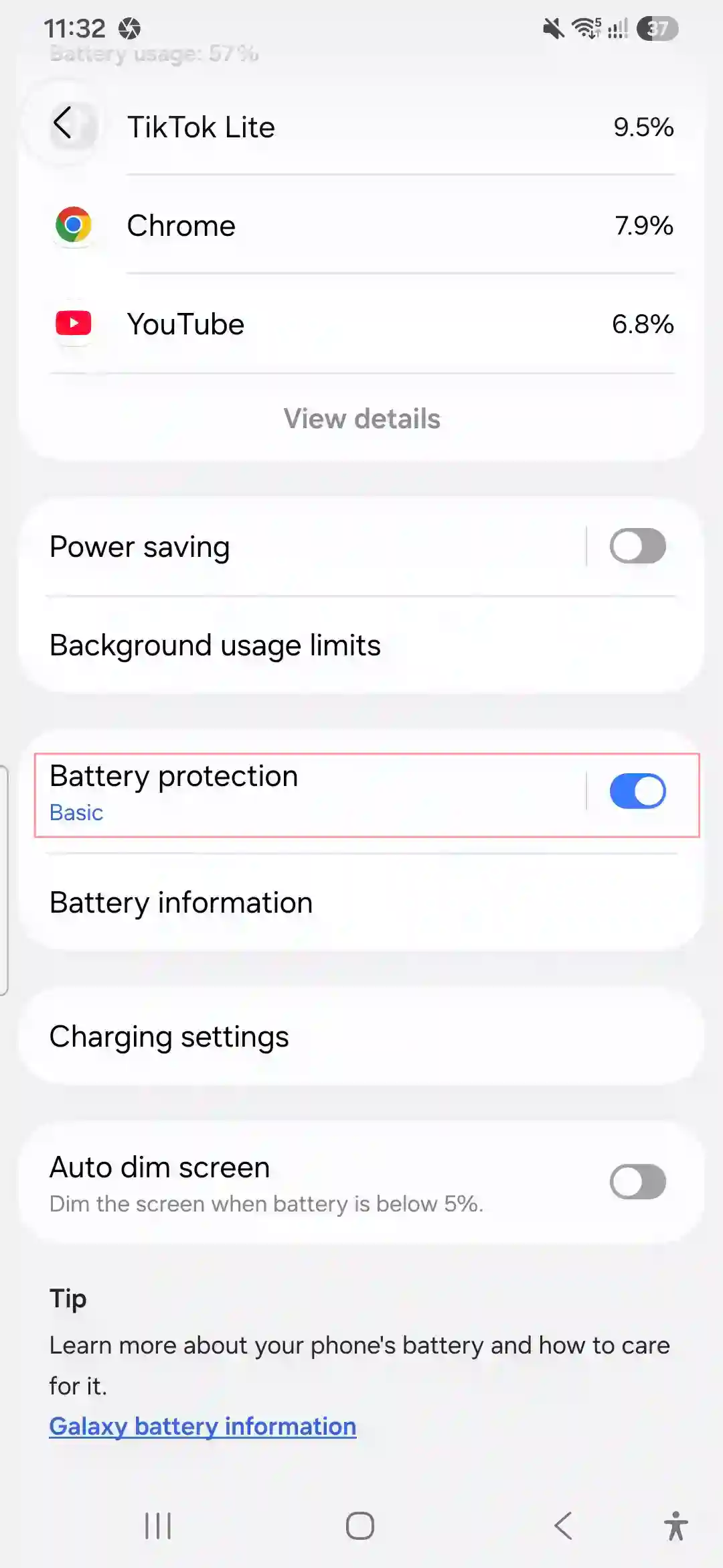 Samsung Galaxy A56 battery protection settings toggle