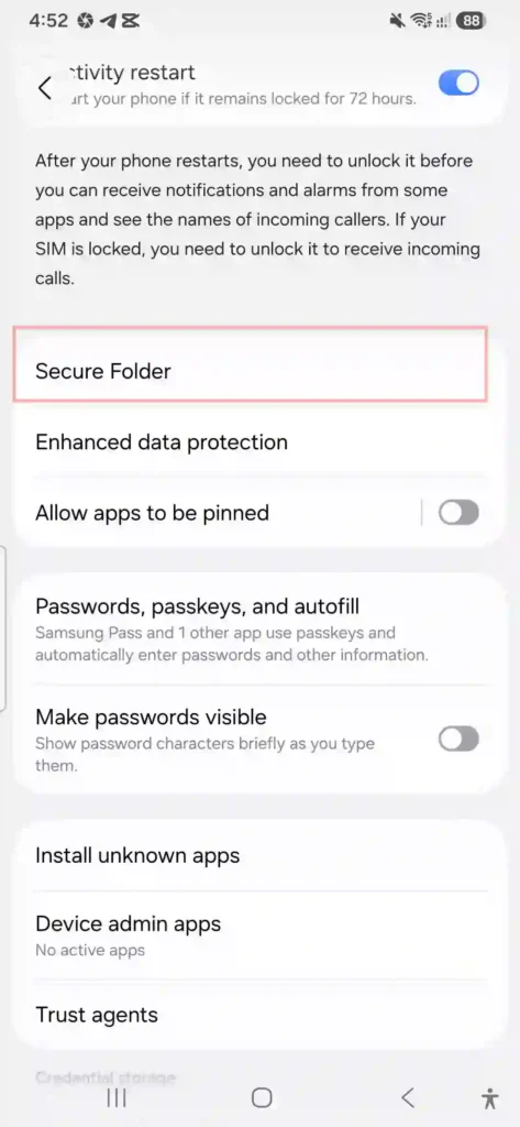 Locating Secure Folder under More security settings on Samsung Galaxy A56