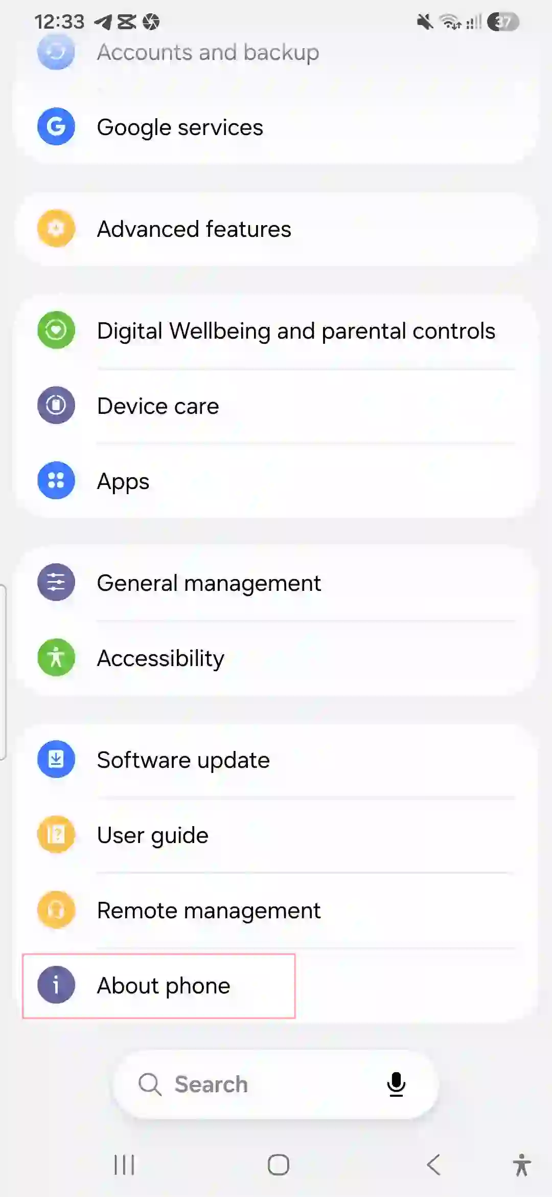 Navigating to About Phone in Samsung Galaxy Setting