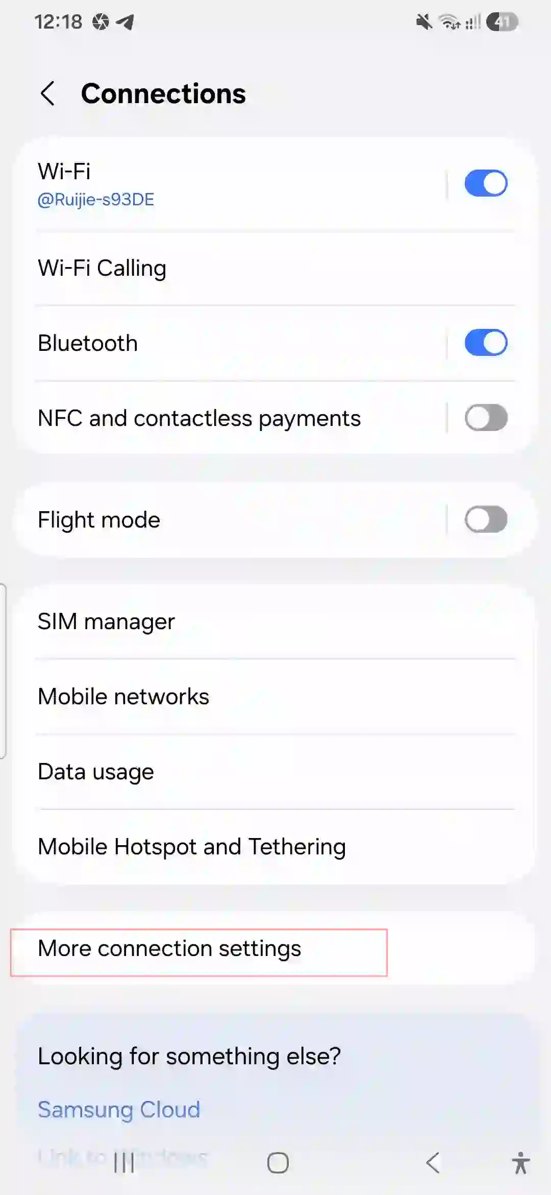 Navigating to More connection settings in Samsung