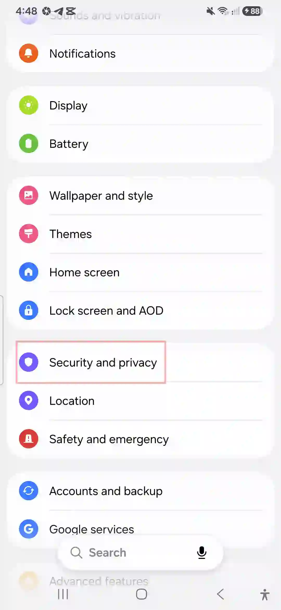 Navigating to Security and privacy settings in