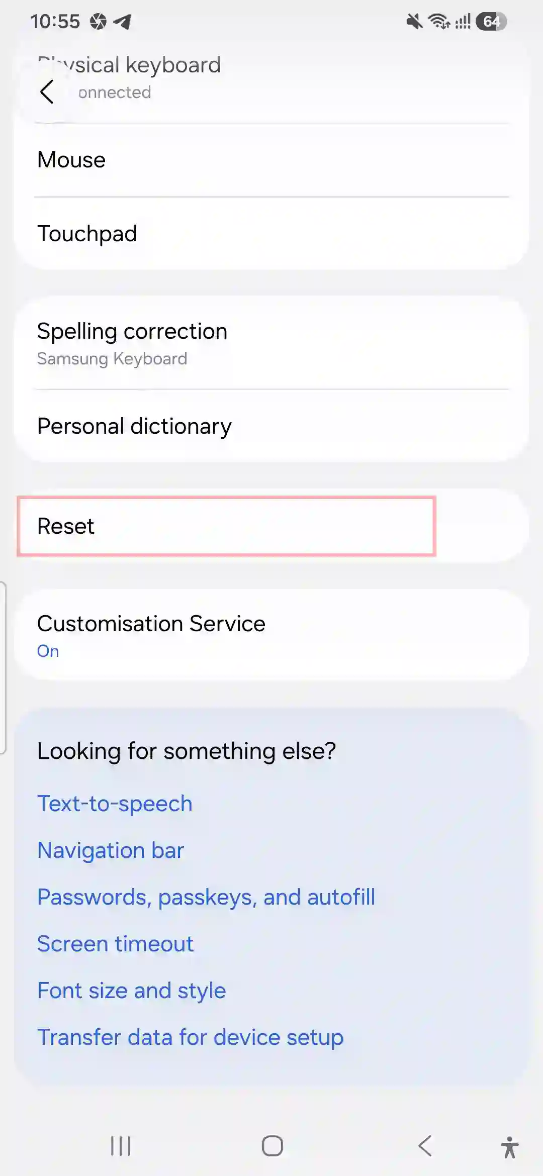 Navigating to the Reset option inside Samsung Galaxy A56 General Management