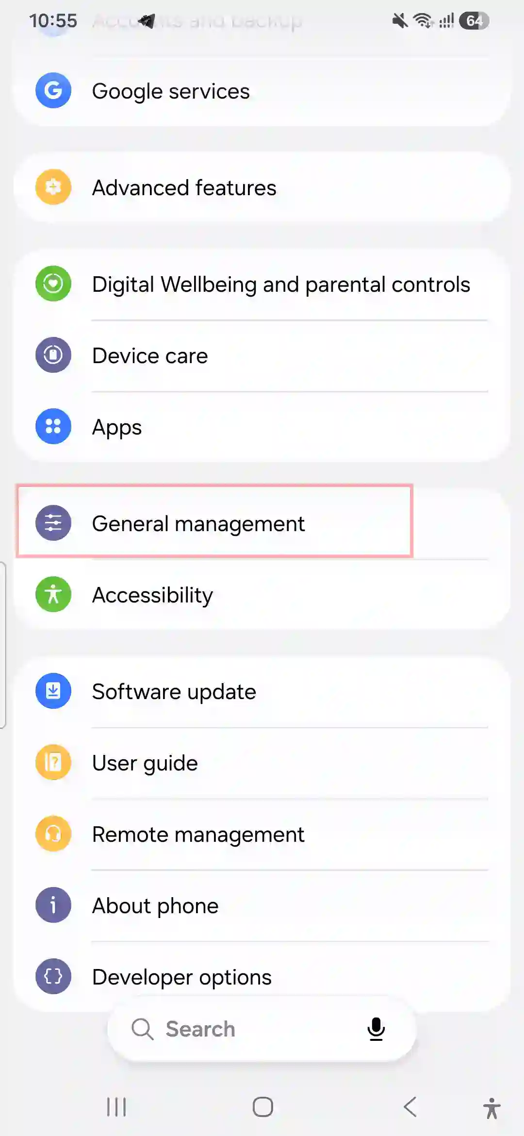 Samsung Galaxy A56 Settings menu highlighting General Management option
