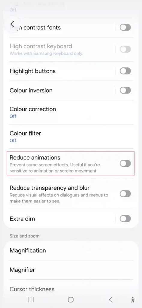 Samsung Galaxy A56 reduce animations settings menu