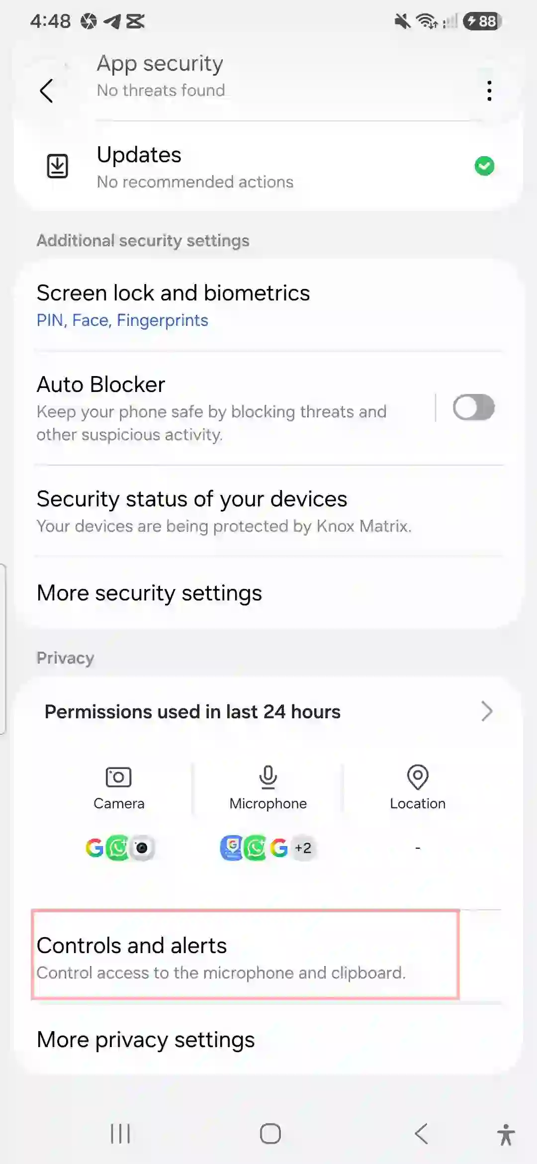 Selecting Controls and alerts under Privacy setting