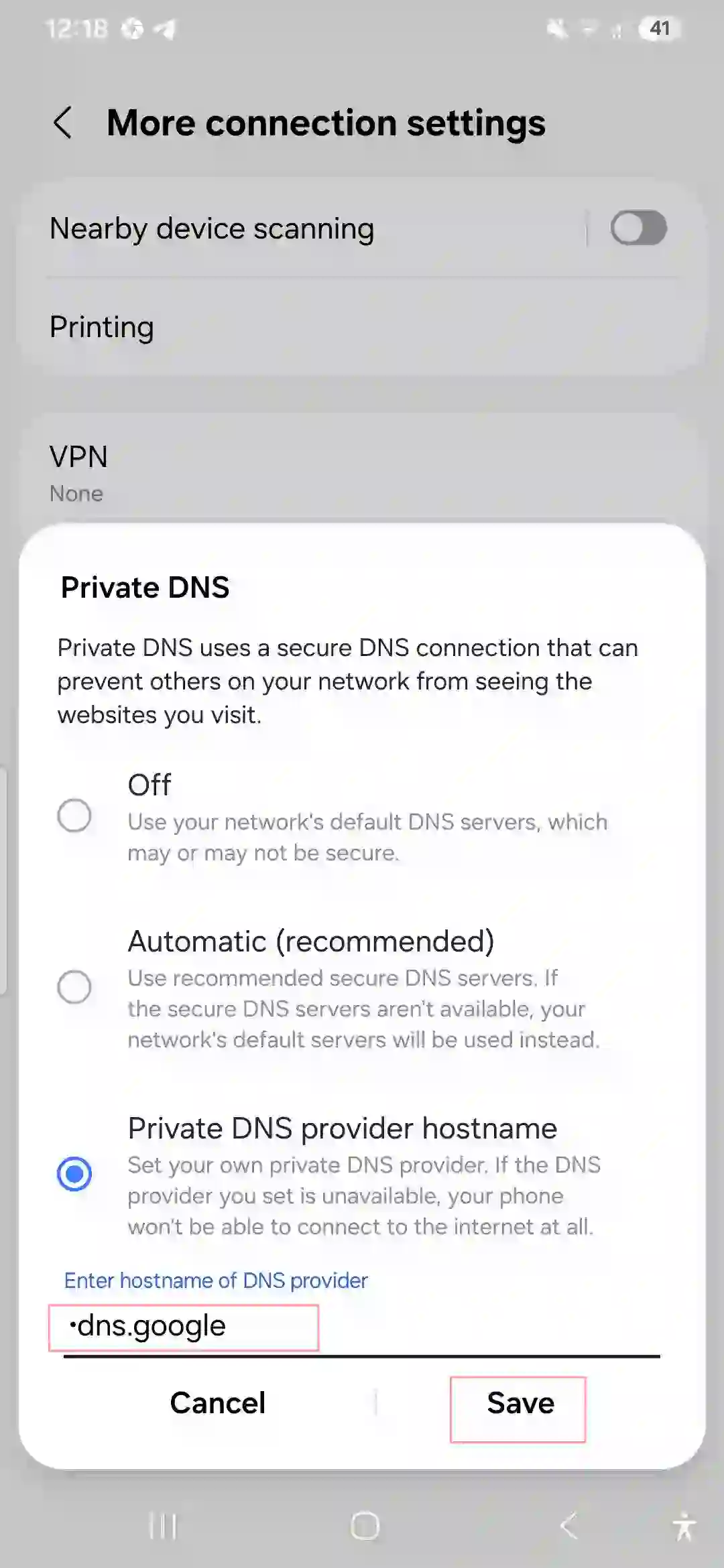 Selecting Private DNS provider hostname and typing
