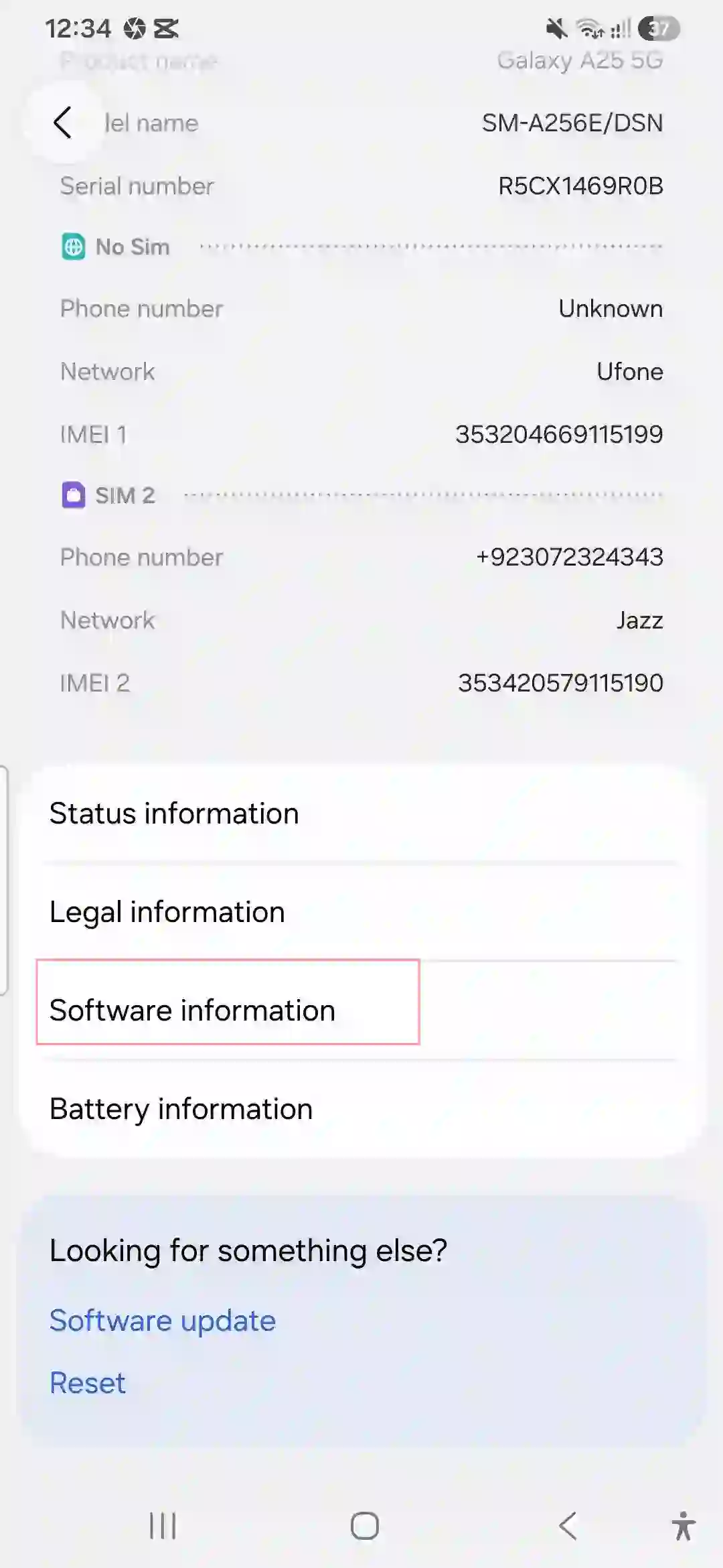 Selecting Software information menu in Samsung