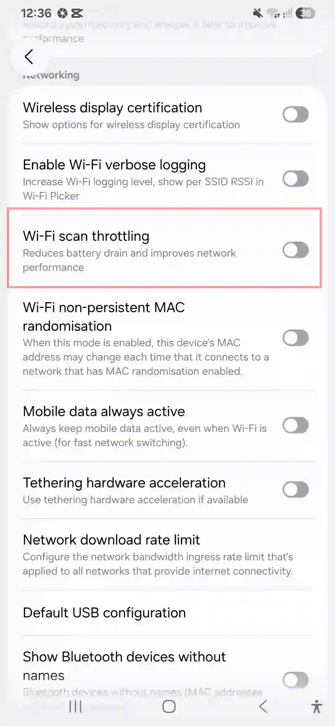 Toggling off Wi-Fi scan throttling in Samsung Deve