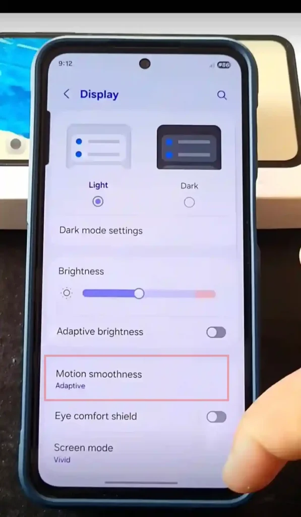Best Samsung Galaxy A56 Display Settings Menu showing Adaptive Motion Smoothness
