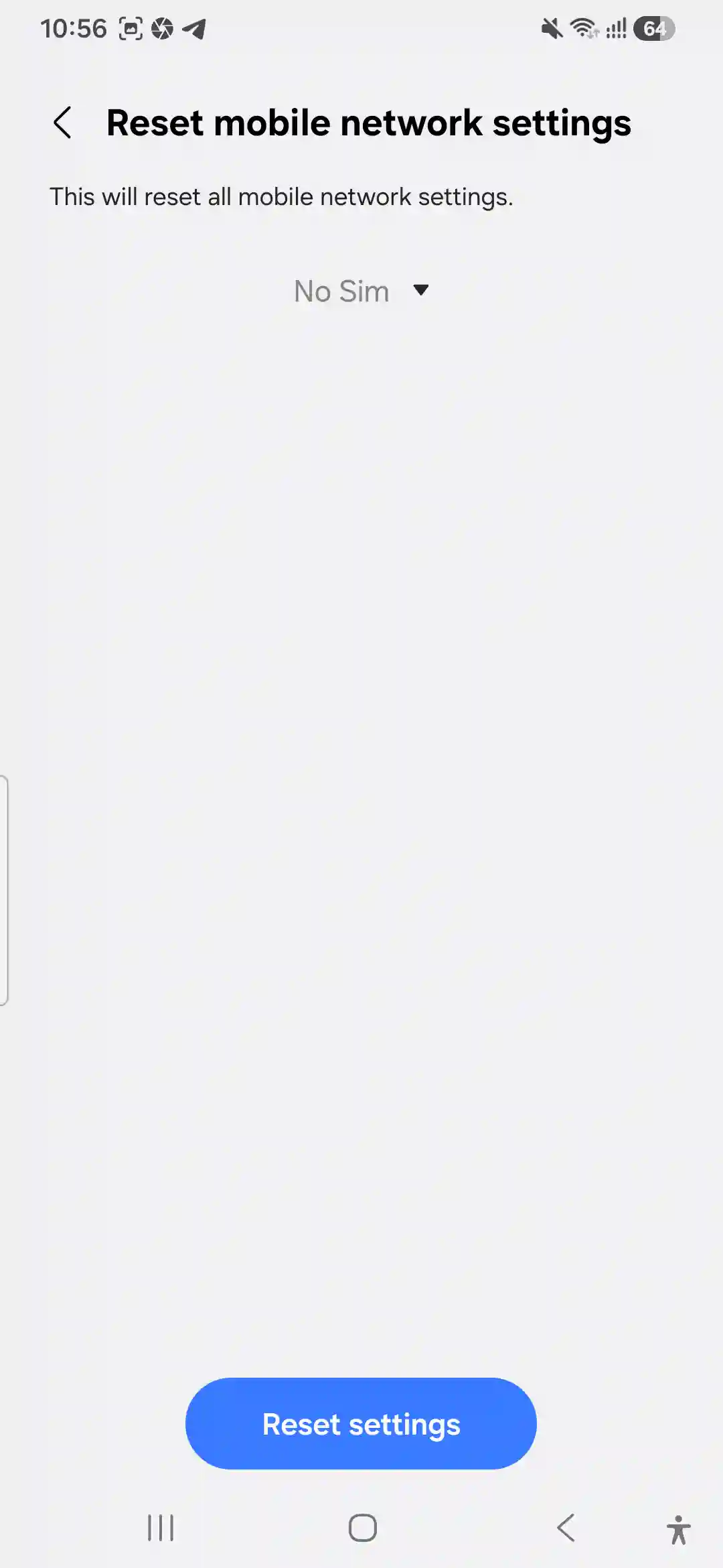 The final mobile network settings reset confirmation screen with blue button on Galaxy A56