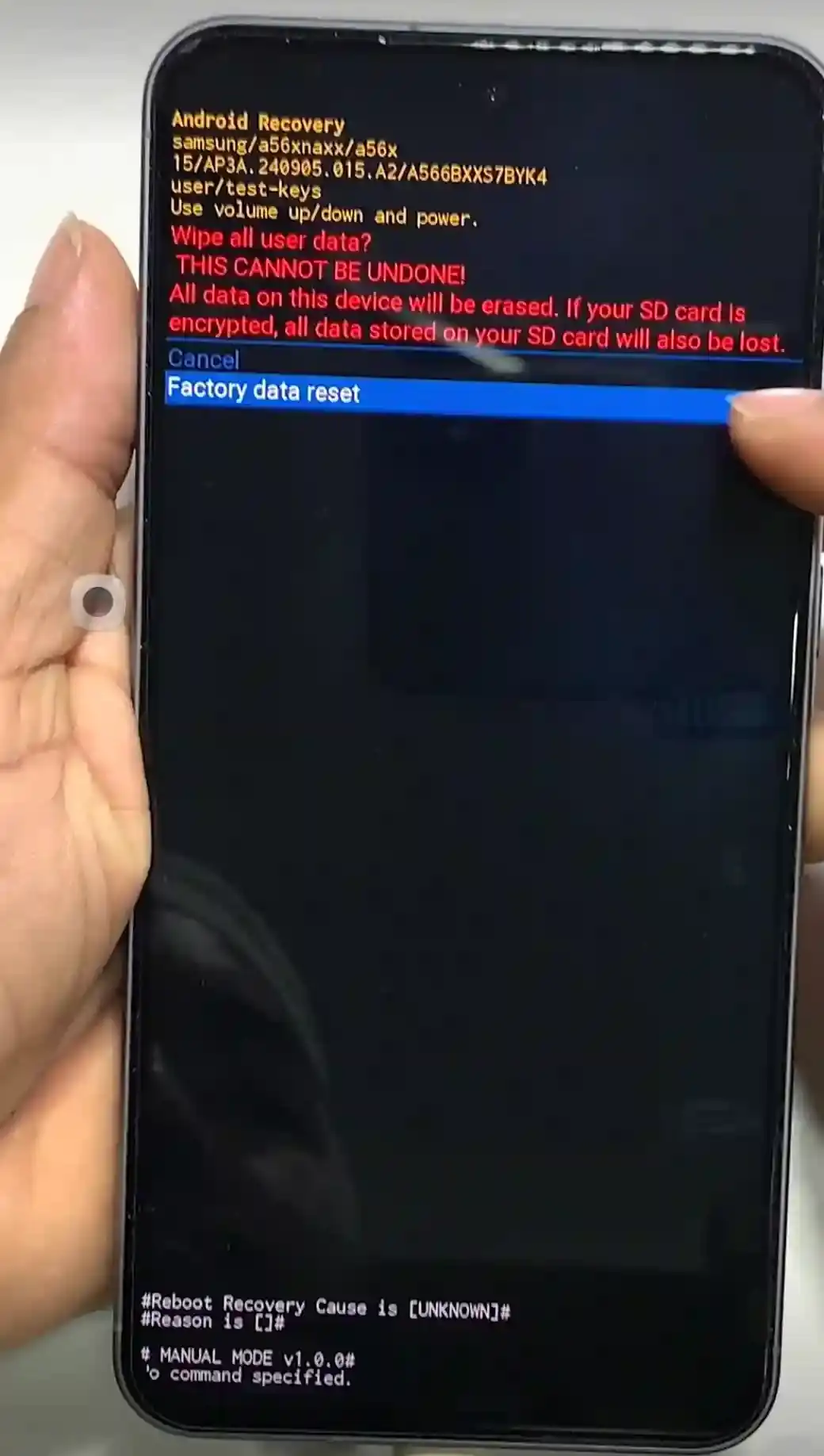 Confirming factory data reset under recovery options on Samsung Galaxy A56