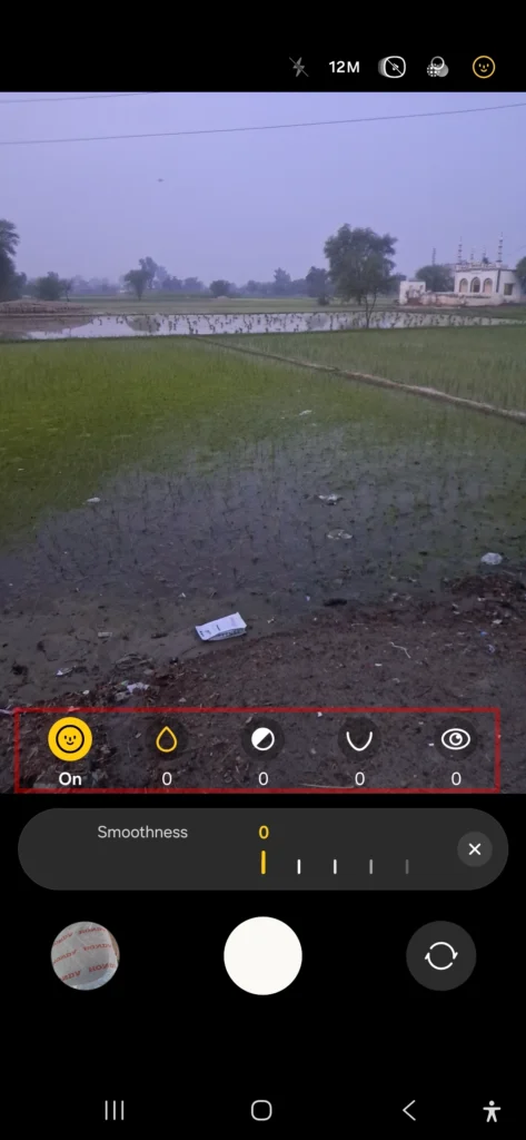 Samsung Galaxy A56 camera selfie settings showing smoothness turned down to zero