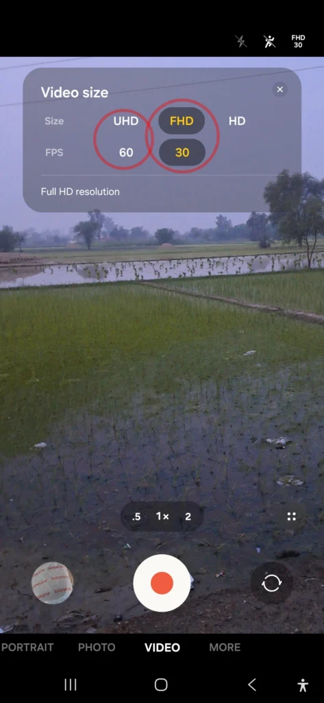 Samsung Galaxy A56 camera video size menu showing UHD, FHD, 60fps, and 30fps settings