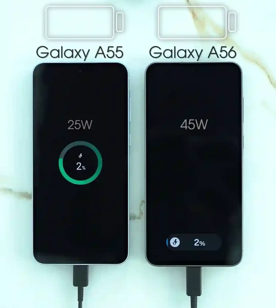 samsung galaxy a56 5g vs a55 5g charging speed comparison 45w vs 25w