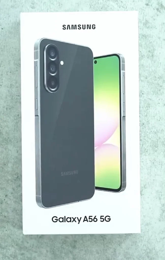 Brand new Samsung Galaxy A56 5G retail box ready for unboxing and initial setup.