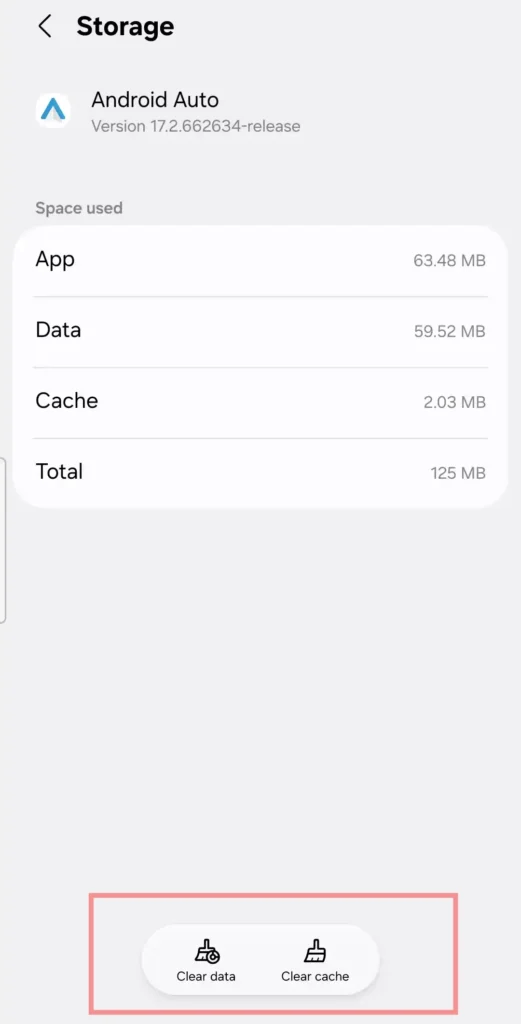 Clear cache and Clear data options for Android Auto storage settings on Samsung Galaxy A56