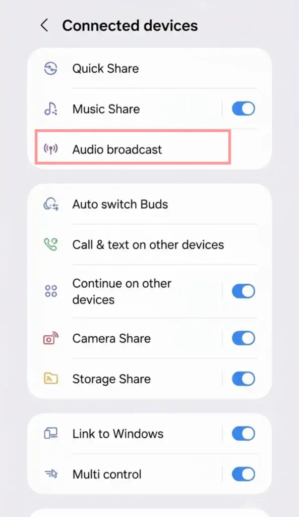 Audio broadcast setting under Connected devices for Auracast support on Samsung Galaxy A56
