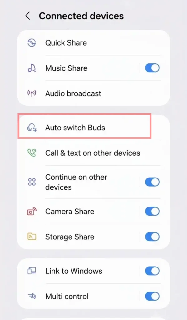 Samsung Galaxy A56 Auto switch Buds option in Connected devices menu