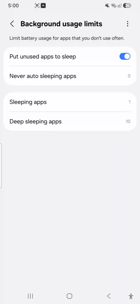 One UI background usage limits menu on Samsung Galaxy A56 with deep sleeping apps configuration