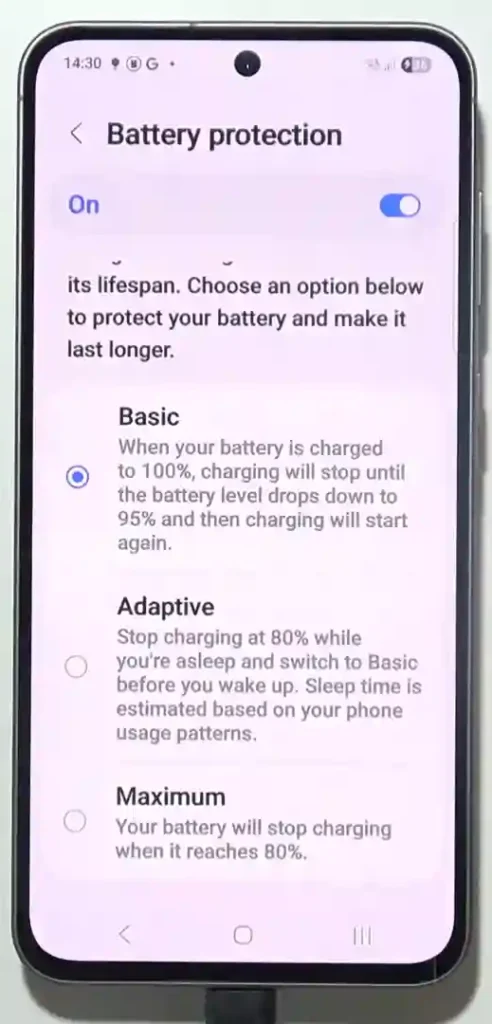 Samsung Galaxy A56 battery protection menu showing software care features to limit charge
