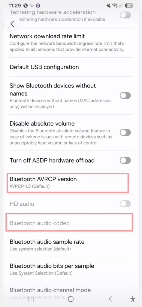 Developer options showing Bluetooth AVRCP version and Bluetooth audio codec settings on Samsung Galaxy A56