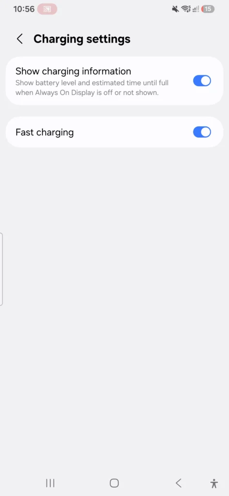 samsung galaxy a56 fast charging settings toggle screenshot
