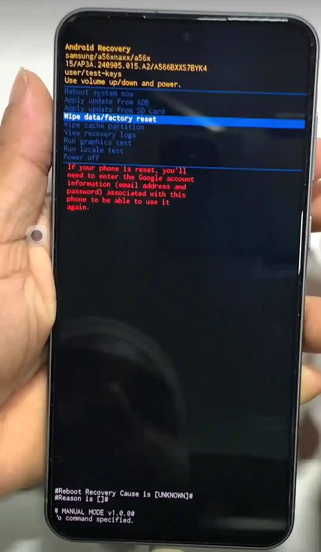 Selecting the Wipe data factory reset option inside Samsung Galaxy A56 Recovery Mode
