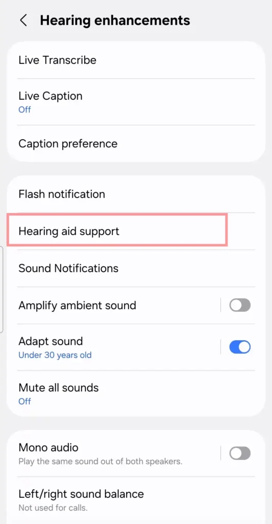 Hearing aid support option inside Hearing enhancements settings on Samsung Galaxy A56