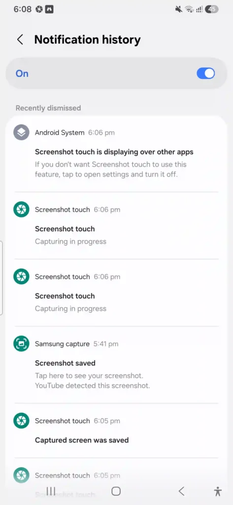Samsung One UI Notification History Settings Screen