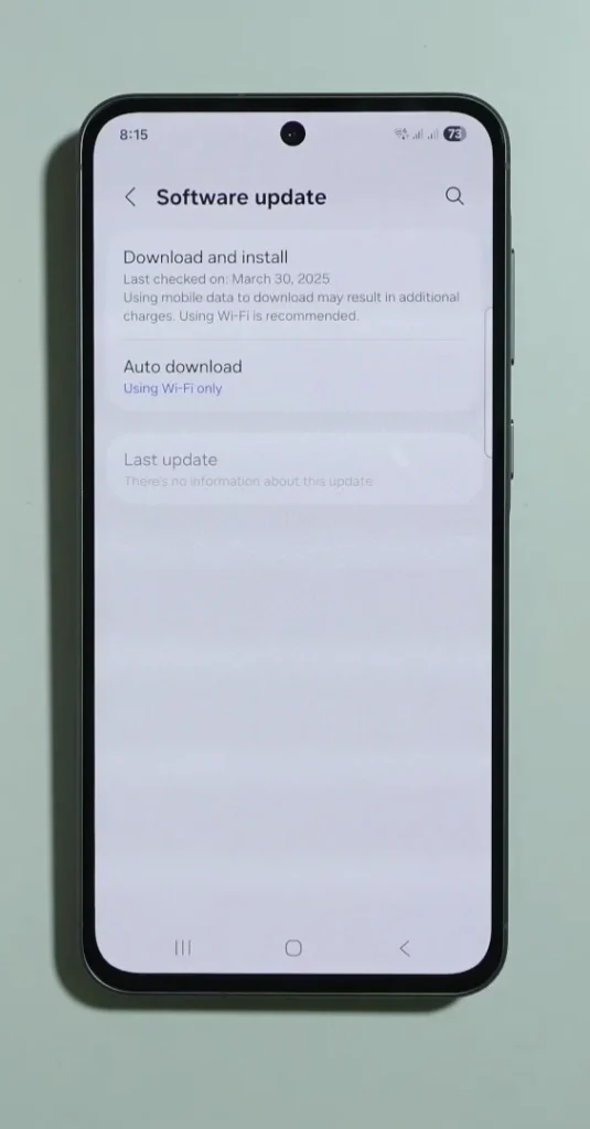 Checking for the latest One UI software update on Samsung Galaxy A56 during the first-day setup.