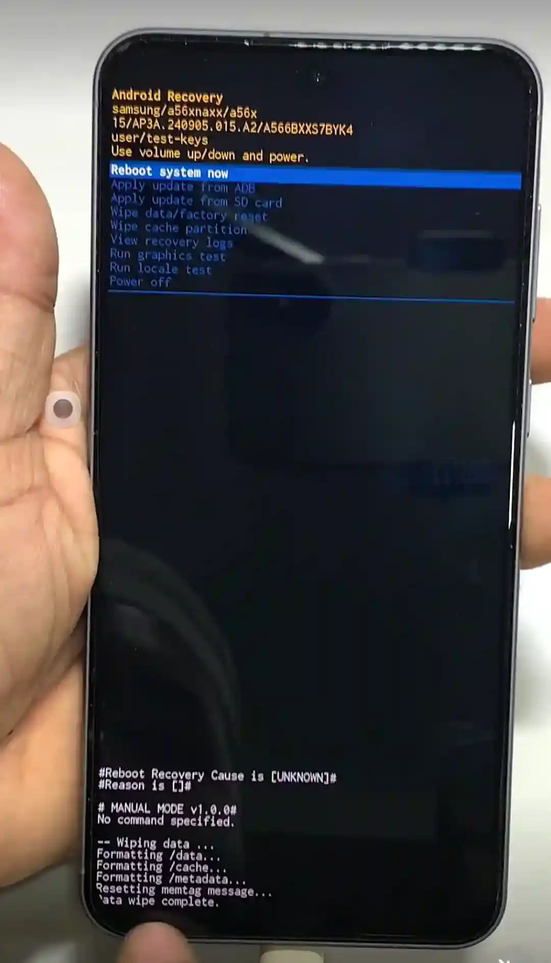 Reboot system now highlighted after successful data wipe complete on Samsung A56
